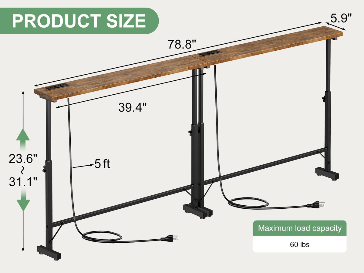 106"-157" Adjustable Length Behind Couch Sofa Table with 3 Power Outlets