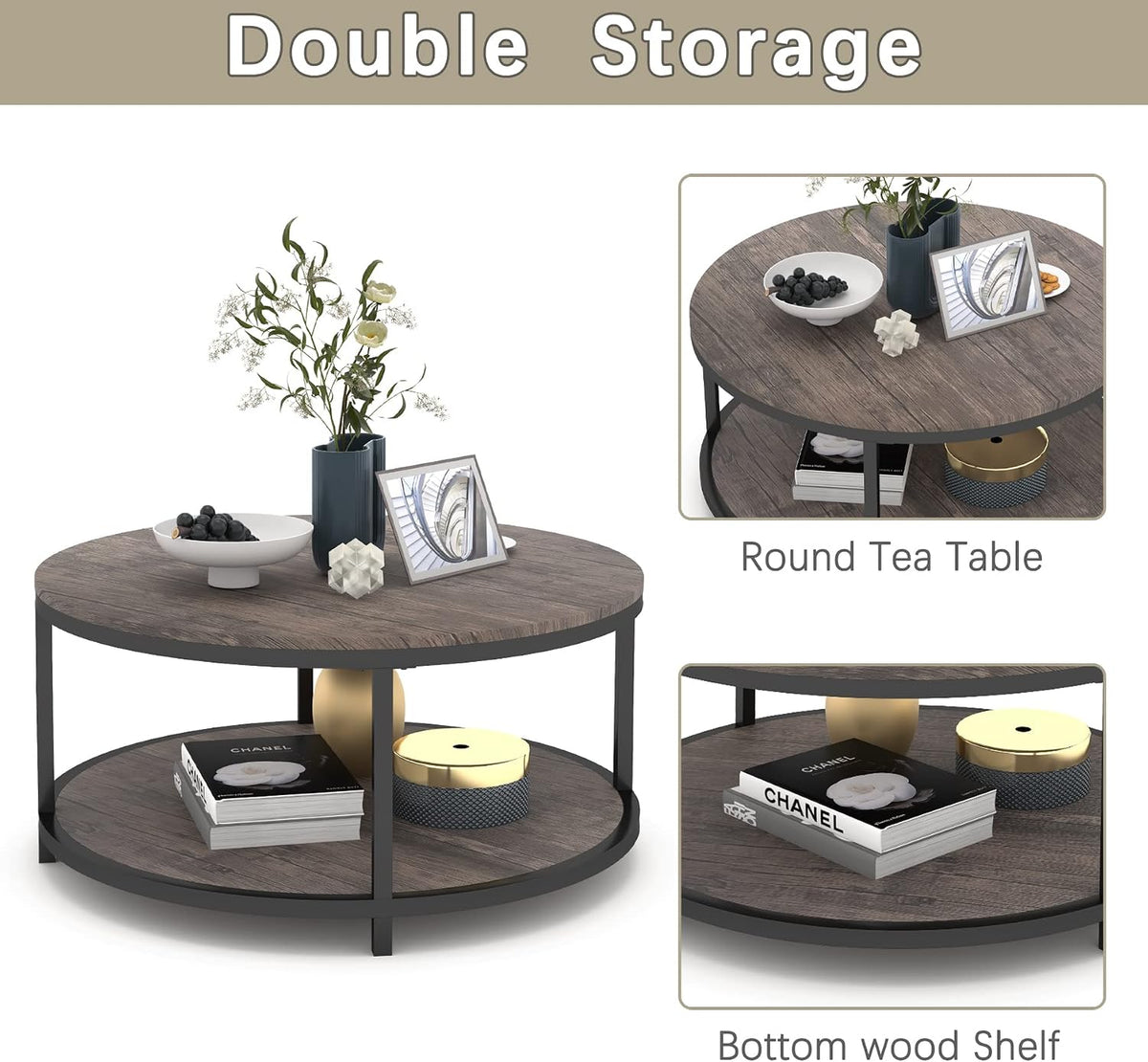 NSdirect Round Coffee Table,36" Coffee Table for Living Room,2-Tier Rustic Wood Desktop with Storage Shelf Modern Design Home Furniture(Light Walnut)
