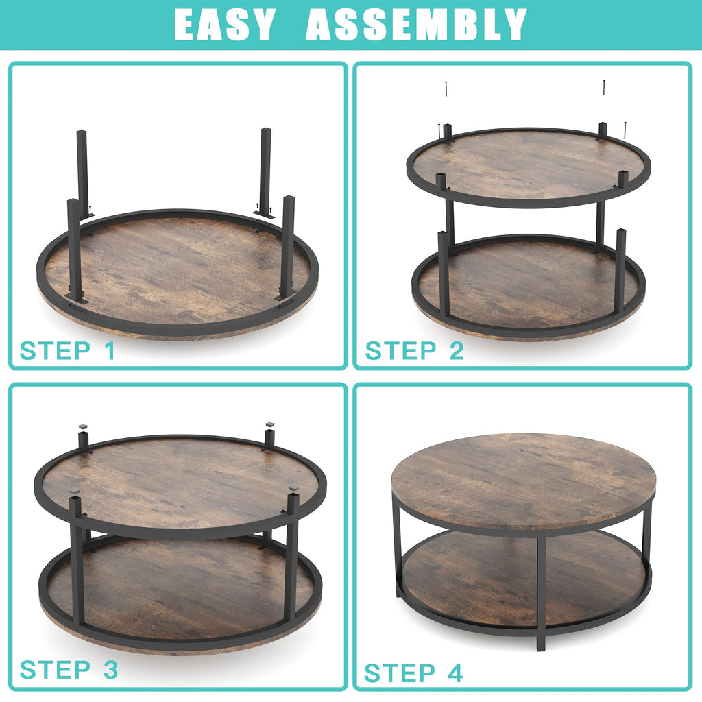 NSdirect Round Coffee Table,36" Coffee Table for Living Room,2-Tier Rustic Wood Desktop with Storage Shelf Modern Design Home Furniture(Light Walnut)