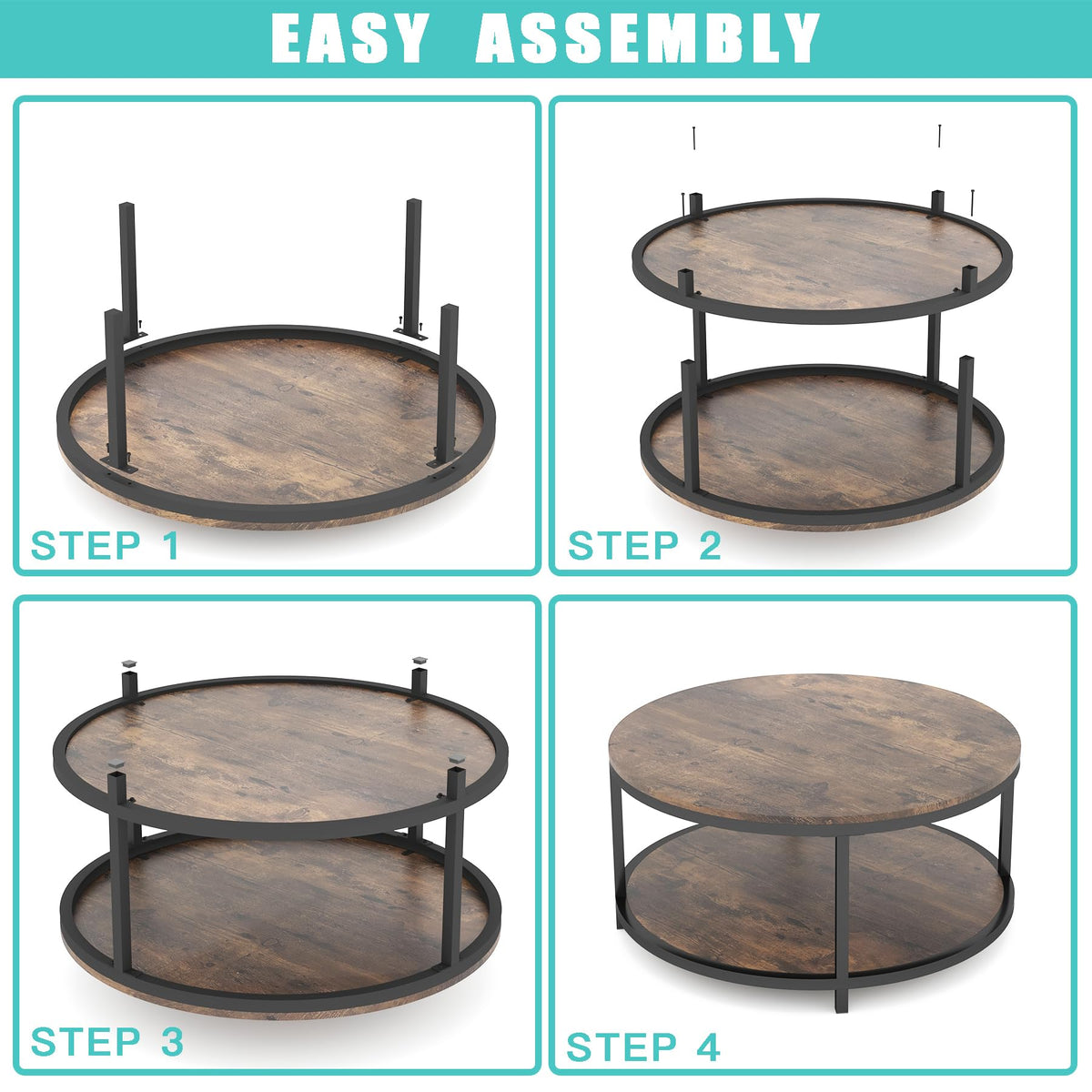 NSdirect Round Coffee Table,36" Coffee Table for Living Room,2-Tier Rustic Wood Desktop with Storage Shelf Modern Design Home Furniture(Light Walnut)