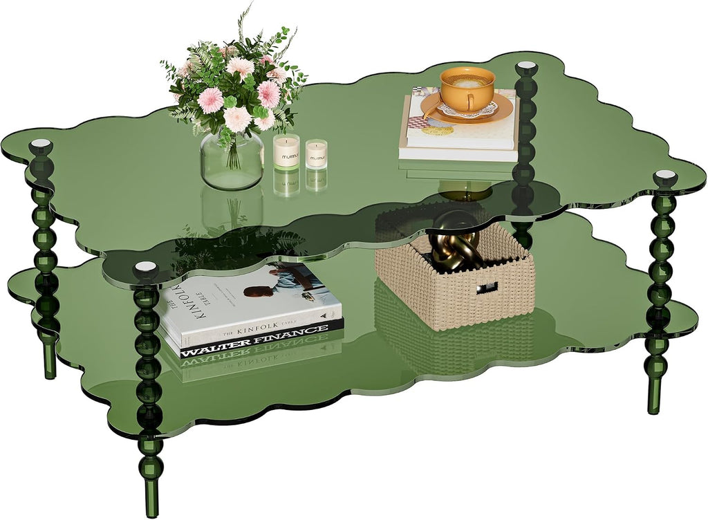 Acrylic Coffee Table, 2-Tier Living Room Table with Storage, Center Table Mid-Modern Century for Living Room, Easy to Assemble (Green, 37.8âÃ23.6âÃ15.7â)