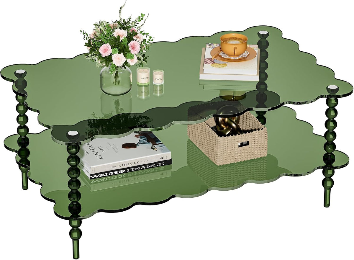 Acrylic Coffee Table, 2-Tier Living Room Table with Storage, Center Table Mid-Modern Century for Living Room, Easy to Assemble (Green, 37.8âÃ23.6âÃ15.7â)