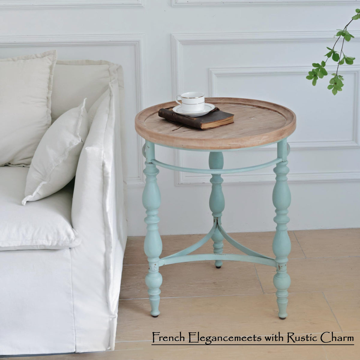 Rustic Farmhouse Round Coffee Table, French Country Vintage Center Table,Ï31.5'' x18.9''H Rustic Solid Wood with Vintage Iron Legs, for Living Room, Bedroom,Dinning Room,Nature White