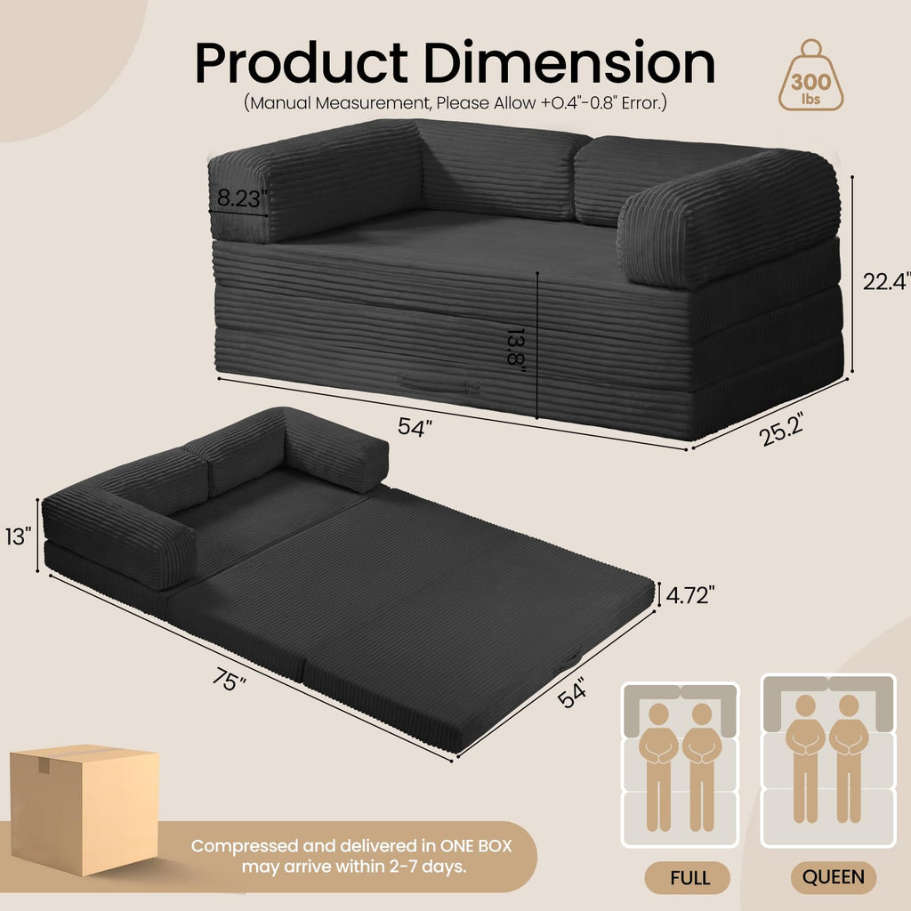 Tri-Fold Foldable Mattress, Convertible Folding Sofa Bed with Removable Arms & Washable Cover, All-in-One Portable Mattress Floor Sofa Bed, No Assembly Required & Non-Slip, Queen Size, Grey