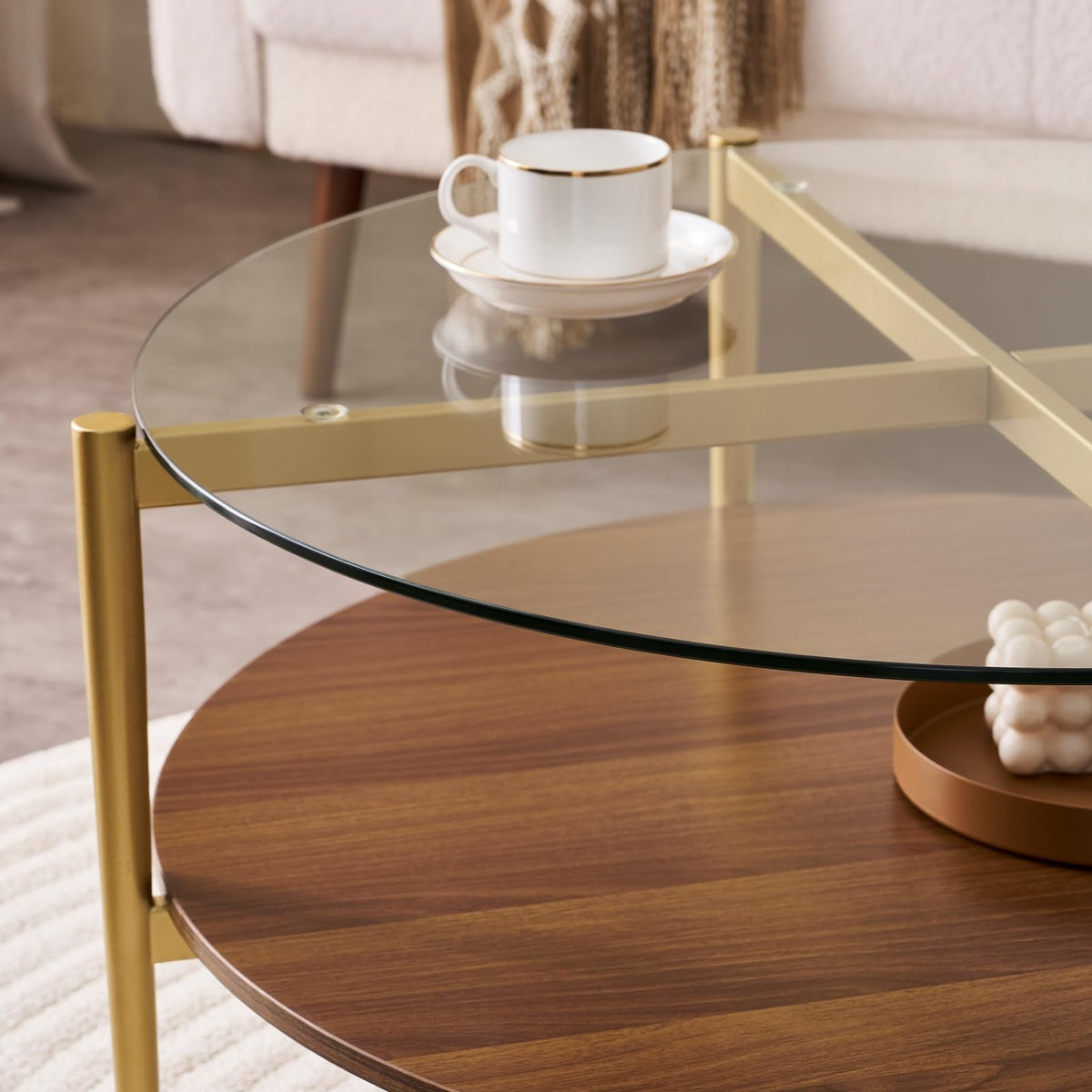LumFurn Round Coffee Table for Living Room, Mid-Century Modern Design, D30 x H17, 2-Tier Structure, Grey Glass Top and Black Marble Finish Wood Shelf, Sleek Conical Metal Legs with Gold Finish Frame