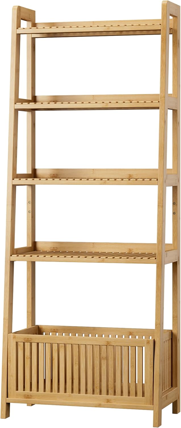 Bamjoy Bamboo Ladder Shelf, Bookshelf with 4 Display Shelves and 1 Open Storage Basket, Multifunctional Storage Rack Organizer for Home Office, Bedroom, Living Room, 66â H Natural