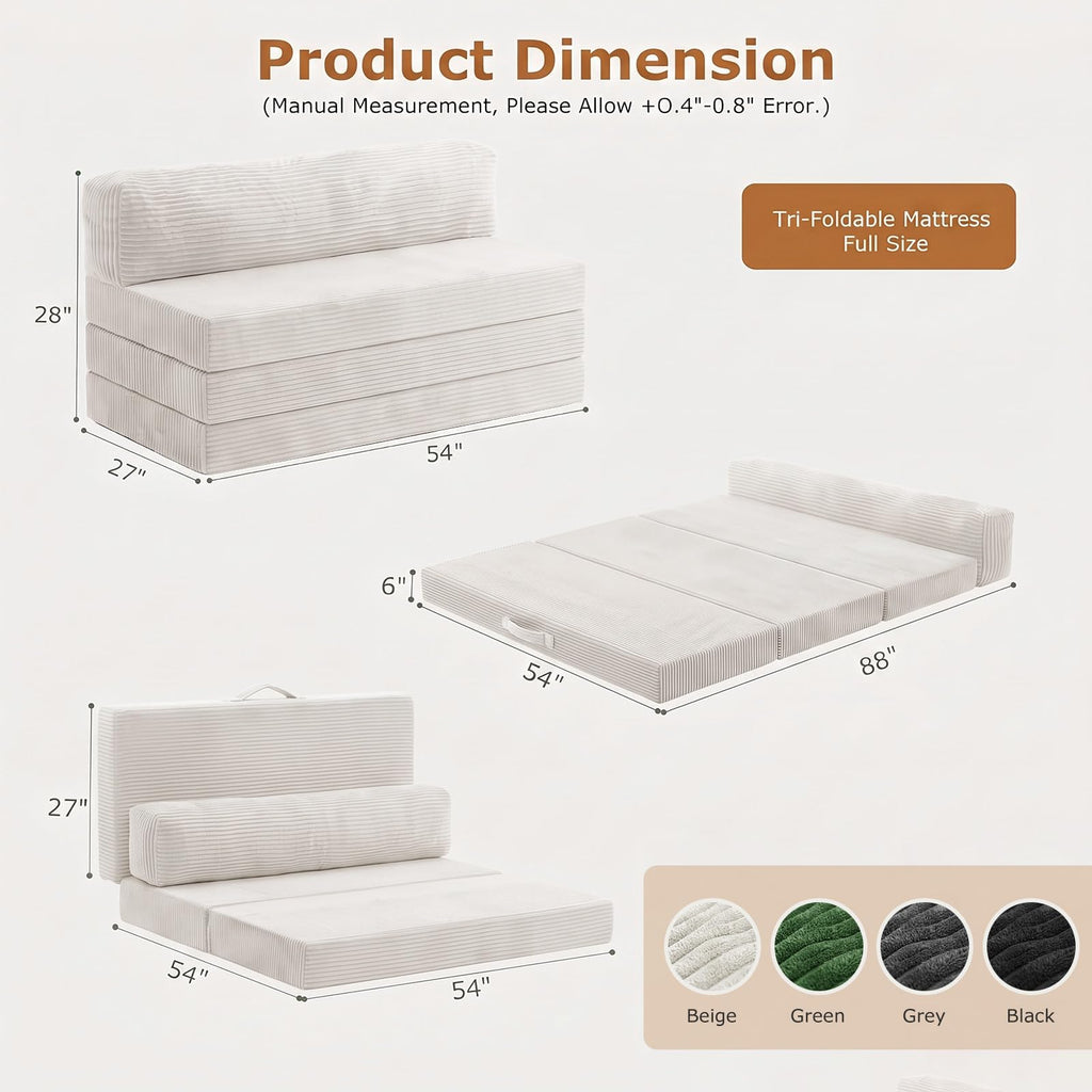 JUIKURY 6 Inch Tri-Fold Memory Foam Mattress Queen Size, 5 in 1 Convertible Sofa Bed, Foldable Floor Futon Sleeper Couch with Washable Cover & High-Density Foam, Portable Guest Bed for Living Room