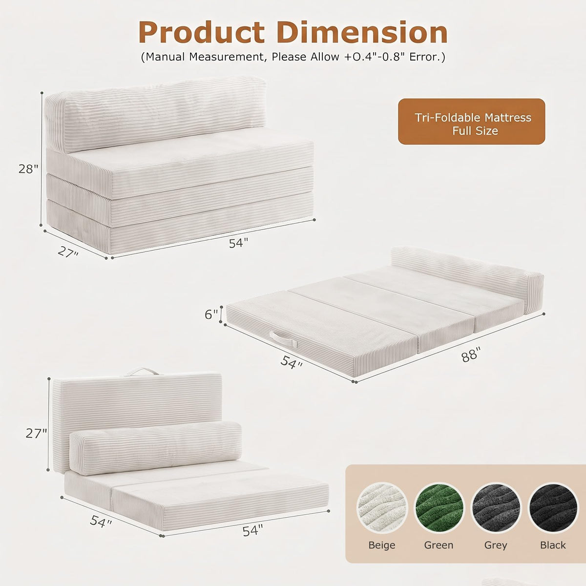 JUIKURY 6 Inch Tri-Fold Memory Foam Mattress Queen Size, 5 in 1 Convertible Sofa Bed, Foldable Floor Futon Sleeper Couch with Washable Cover & High-Density Foam, Portable Guest Bed for Living Room