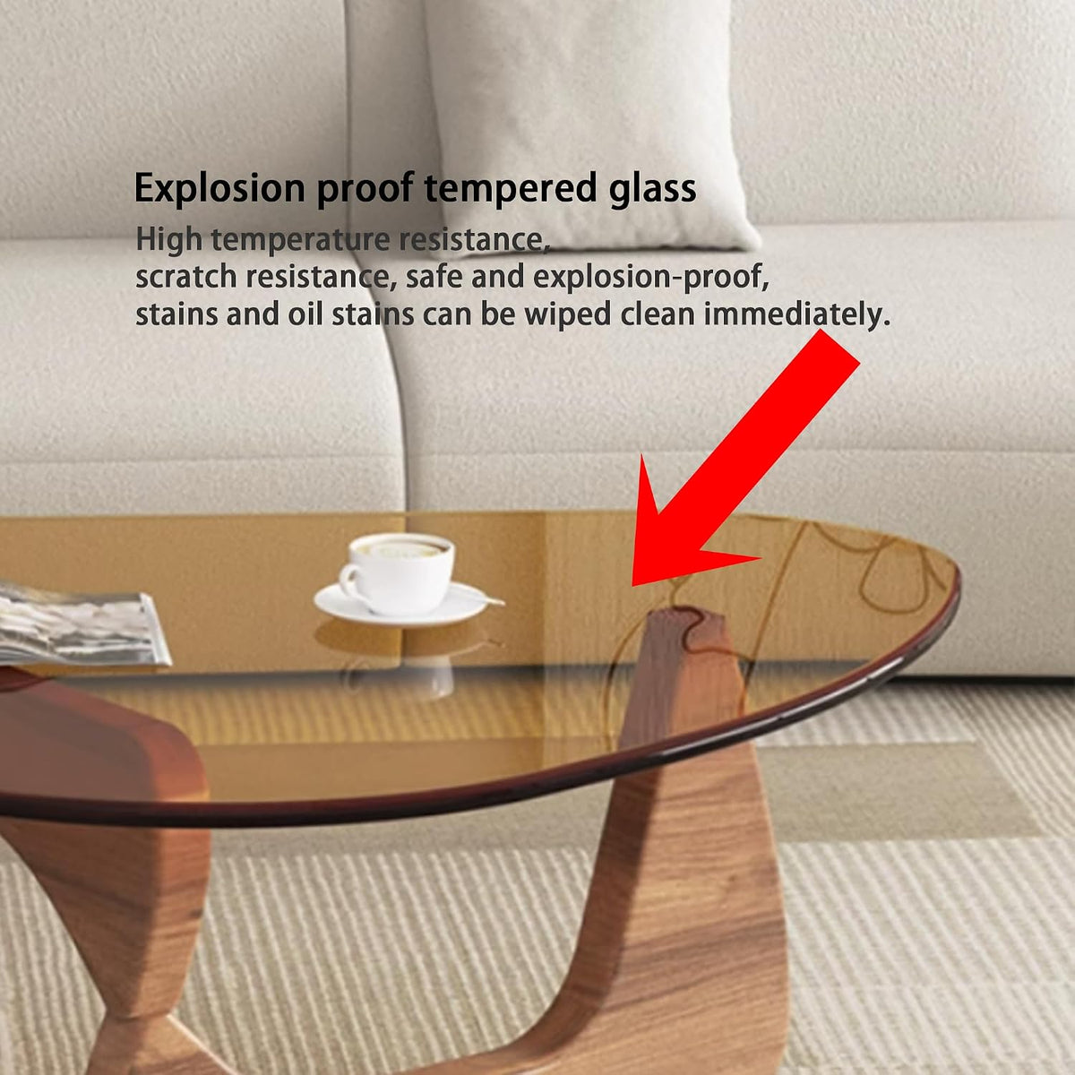 EASYSOUL Modern Glass Coffee Table, 32.68" D x 22.44" W x 15.75" H, Abstract Round Tea Tables for Living Room Home Office Industrial Cocktail Tables (Walnut-Brown Glass, 32.68")