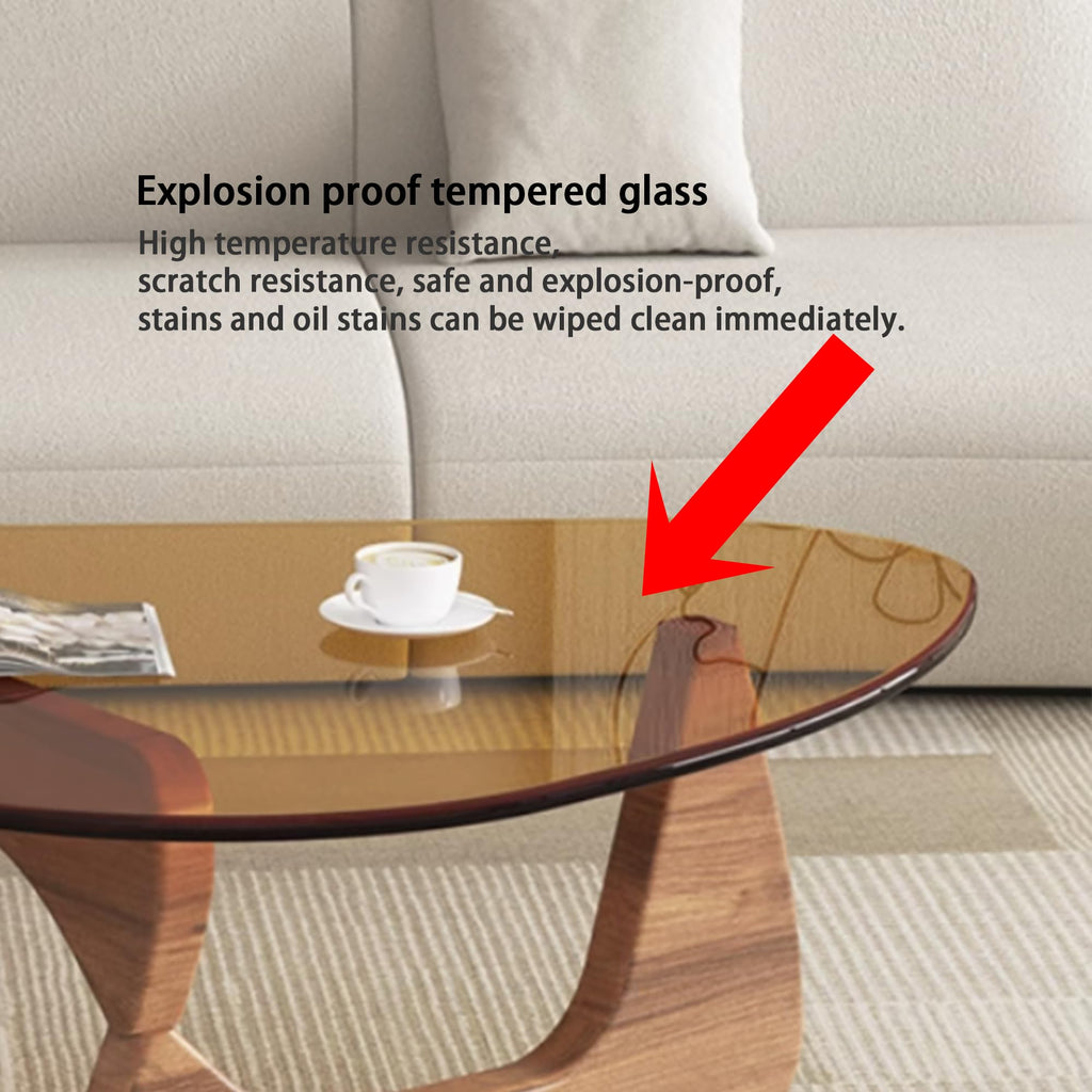 EASYSOUL Modern Glass Coffee Table, 32.68" D x 22.44" W x 15.75" H, Abstract Round Tea Tables for Living Room Home Office Industrial Cocktail Tables (Walnut-Brown Glass, 32.68")
