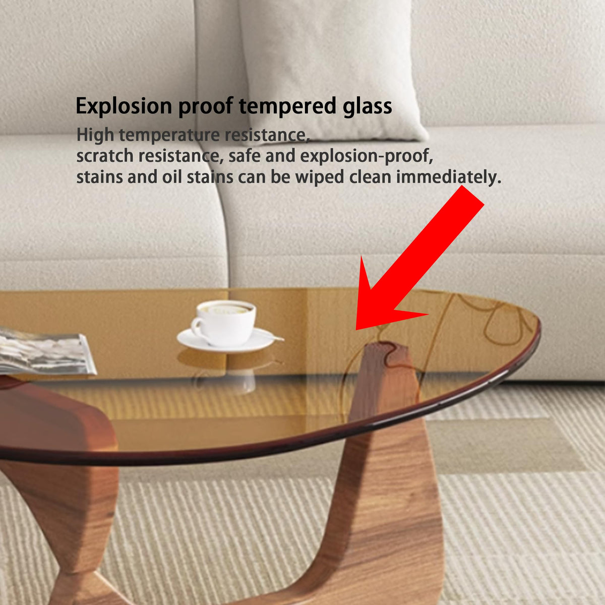 EASYSOUL Modern Glass Coffee Table, 32.68" D x 22.44" W x 15.75" H, Abstract Round Tea Tables for Living Room Home Office Industrial Cocktail Tables (Walnut-Brown Glass, 32.68")