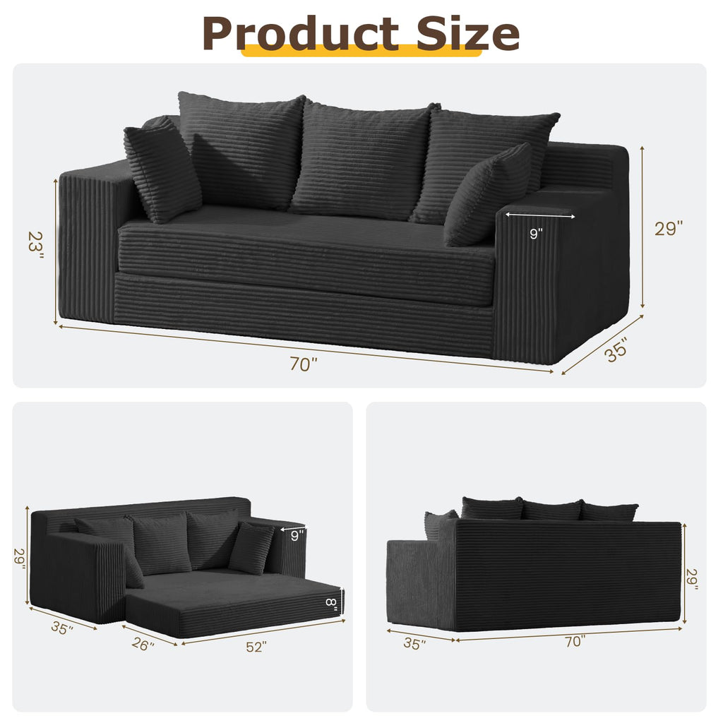 cidludto Convertible Sofa Bed, 3 in 1 Loveseat Folding Couch Bed Foldable - Chaise Lounge Chair & Floor Futon Sofa, Corduroy Pull Out Sofa Bed with 4 Pillows for Living Room, Beige