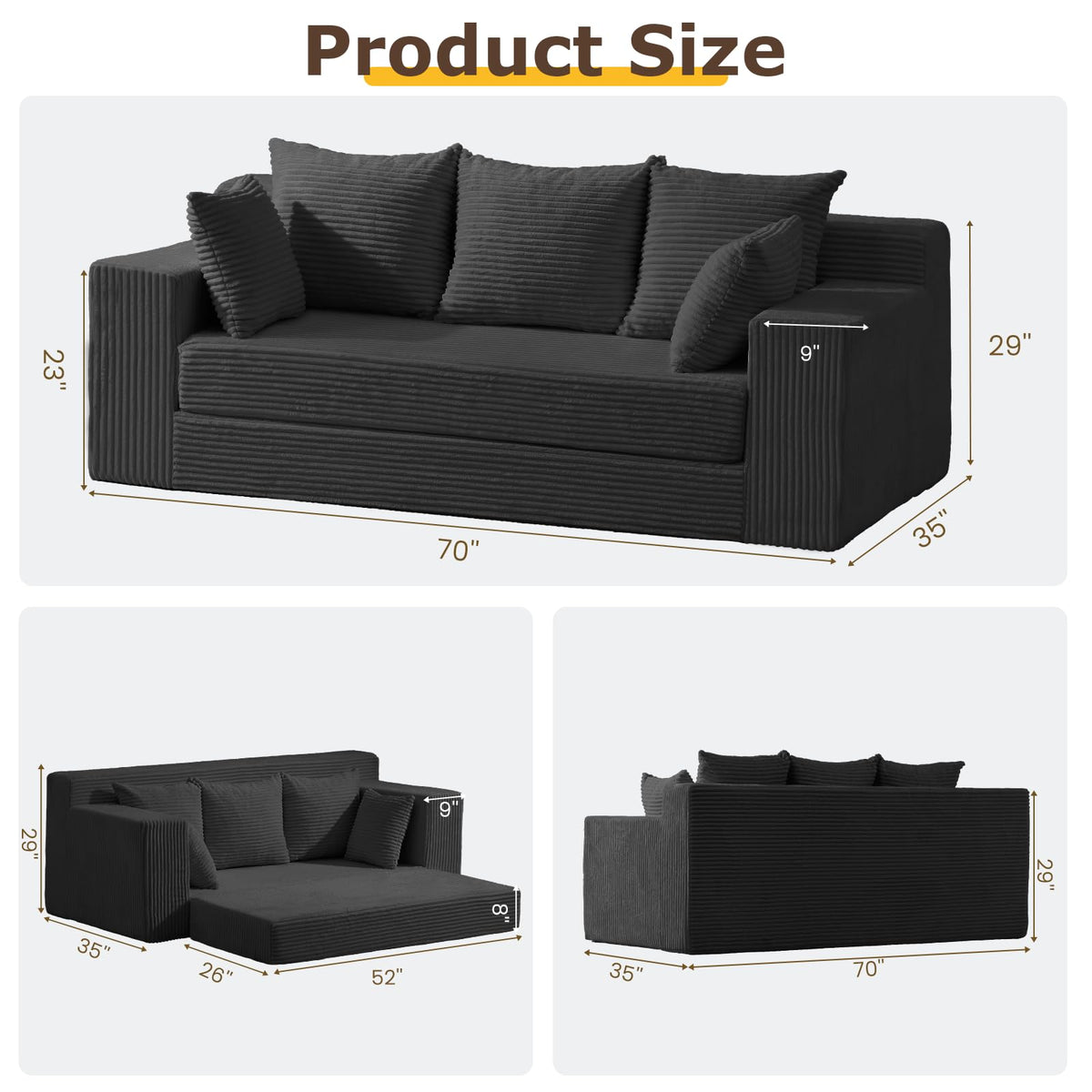 cidludto Convertible Sofa Bed, 3 in 1 Loveseat Folding Couch Bed Foldable - Chaise Lounge Chair & Floor Futon Sofa, Corduroy Pull Out Sofa Bed with 4 Pillows for Living Room, Beige