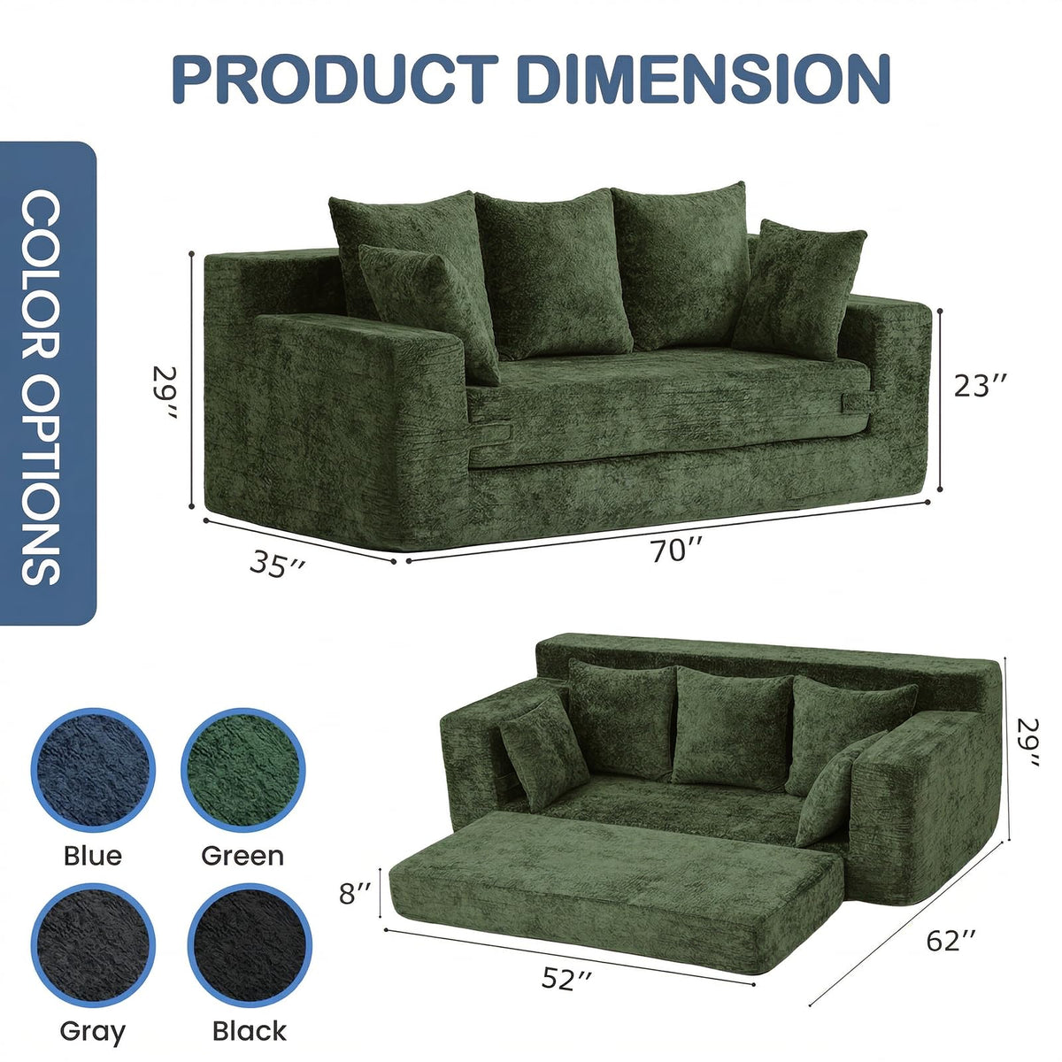 55" Small Boneless Couch, 3-in-1 Boneless Loveseat Sleeper Sofa Bed Convertible Sofa Bed with 4 Pillows, Black Corduroy Boneless Couch for Living Room, Guest Room, Small Space, No Assembly Required