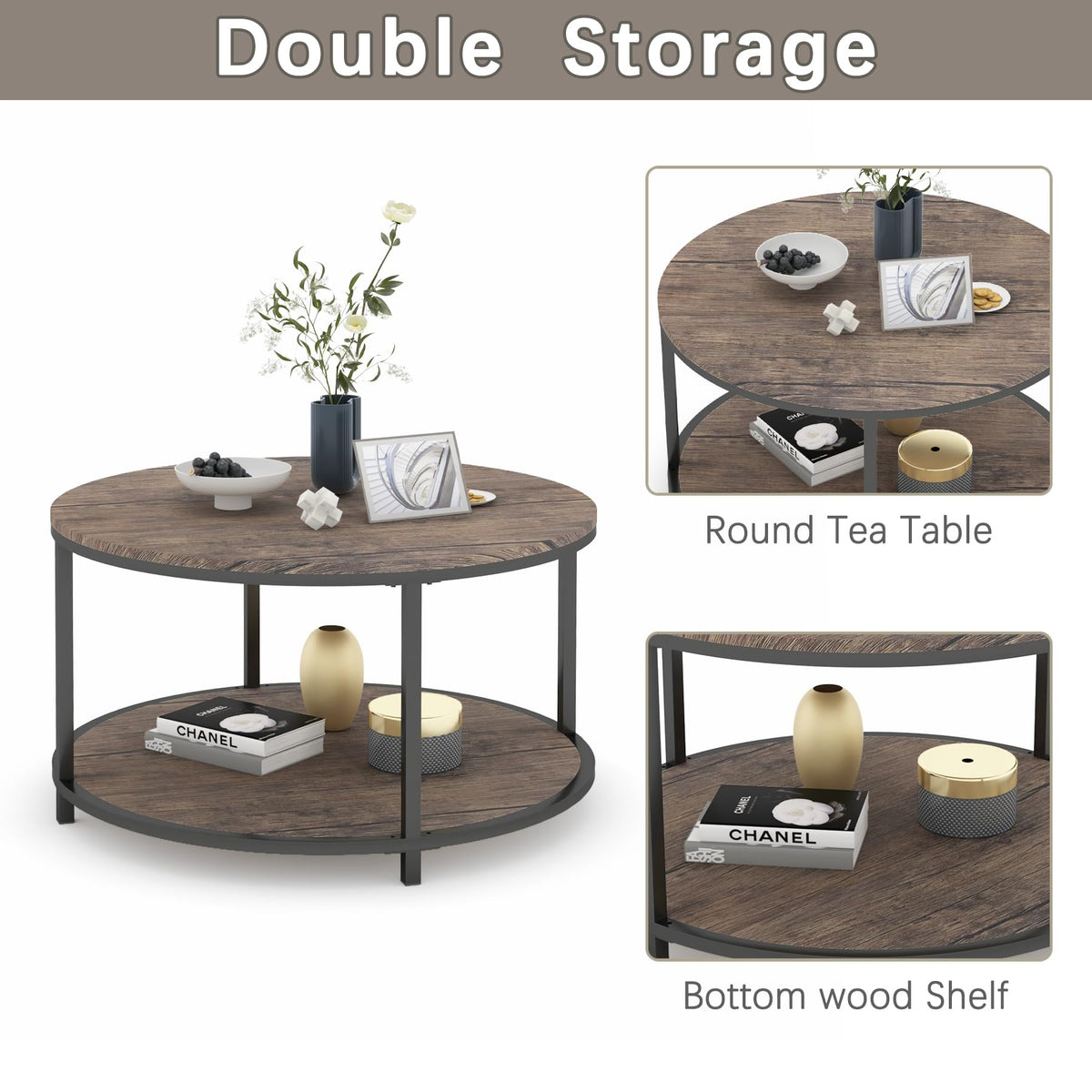 NSdirect Round Coffee Table,36" Coffee Table for Living Room,2-Tier Rustic Wood Desktop with Storage Shelf Modern Design Home Furniture(Light Walnut)