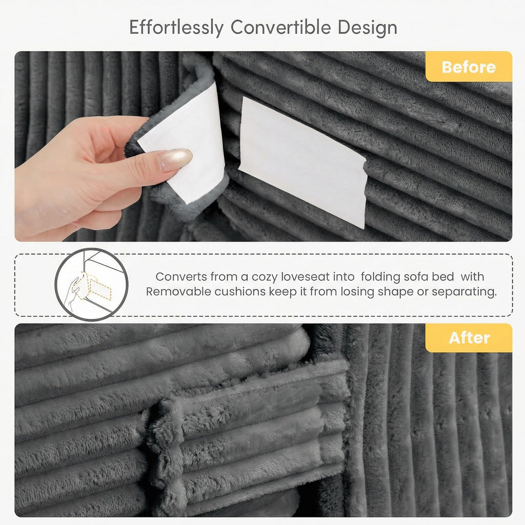 cidludto Convertible Sofa Bed, 3 in 1 Loveseat Folding Couch Bed Foldable - Chaise Lounge Chair & Floor Futon Sofa, Corduroy Pull Out Sofa Bed with 4 Pillows for Living Room, Beige