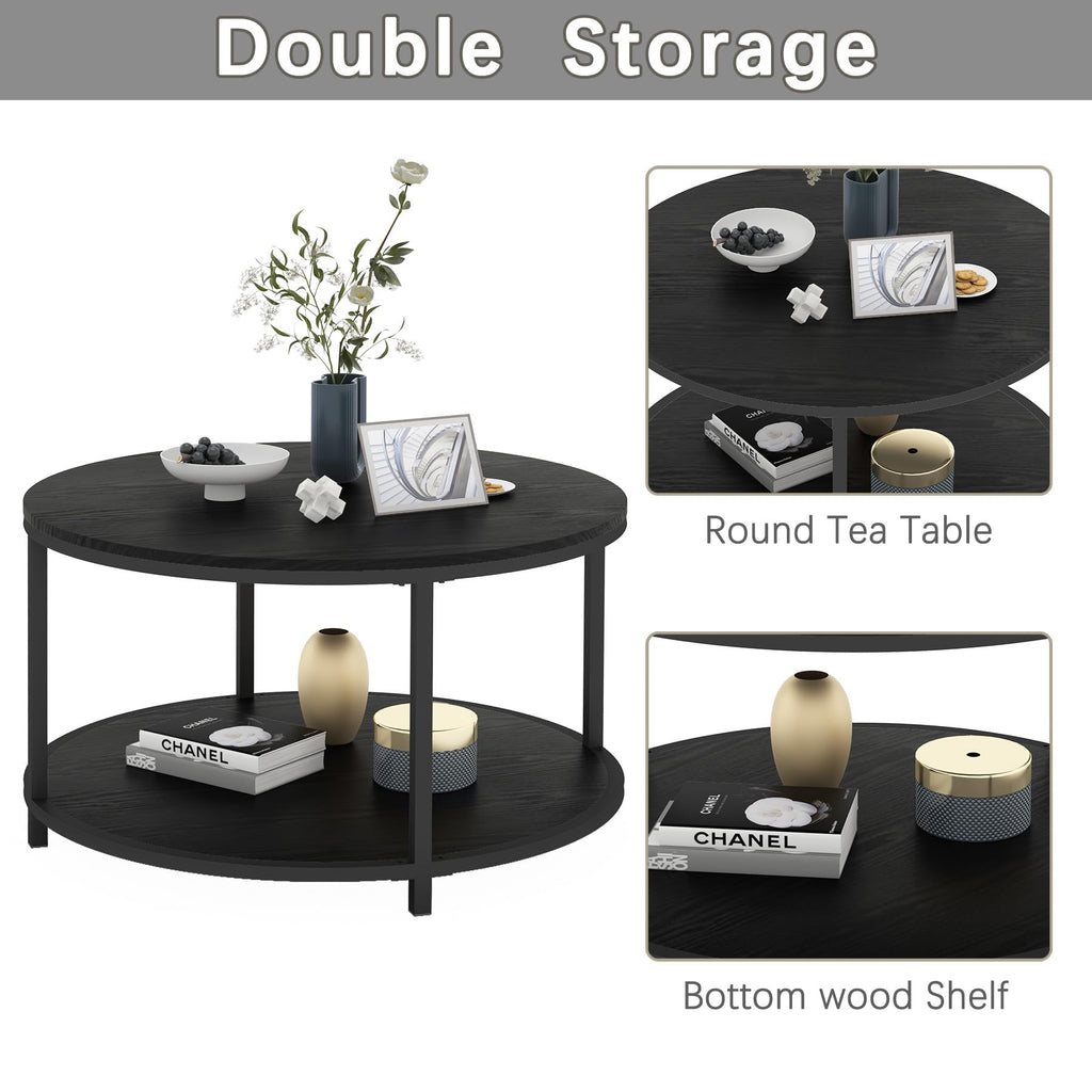 NSdirect Round Coffee Table,36" Coffee Table for Living Room,2-Tier Rustic Wood Desktop with Storage Shelf Modern Design Home Furniture(Light Walnut)