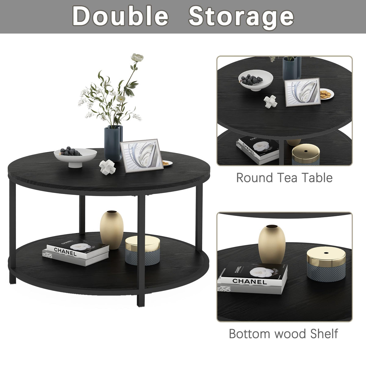 NSdirect Round Coffee Table,36" Coffee Table for Living Room,2-Tier Rustic Wood Desktop with Storage Shelf Modern Design Home Furniture(Light Walnut)