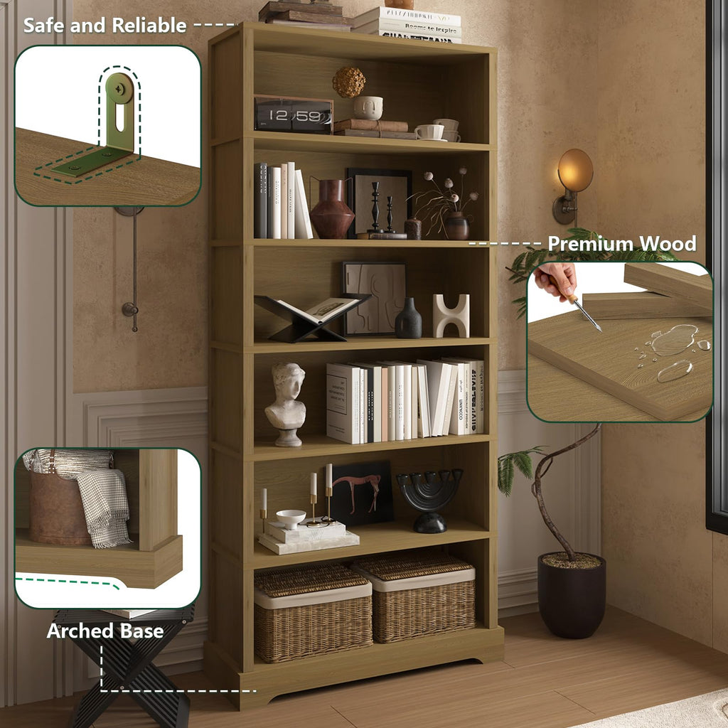 TVU 5 Tiers Wooden Bookshelf, 65.2" Tall Farmhouse Style Open Bookcase, 31.5" Wide Standing Book Shelf with Storage for Study Room, Living Room, Walnut Brown