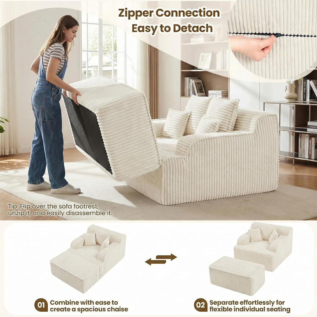 Chaise Lounge Chair Indoor,Boneless Chair with Ottoman,Comfy Reading Chair for Adults,Small Sofa Bed Couch for Living Room,Single Sleeper Chair Bed,Beige