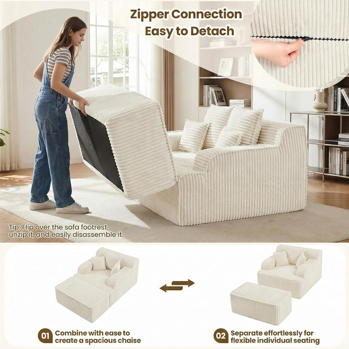 Chaise Lounge Chair Indoor,Boneless Chair with Ottoman,Comfy Reading Chair for Adults,Small Sofa Bed Couch for Living Room,Single Sleeper Chair Bed,Beige
