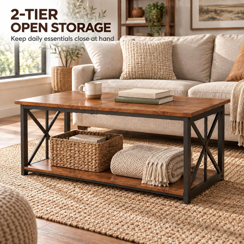 Manora Industrial Rectangular Coffee Table with Storage Shelf, Rustic Brown