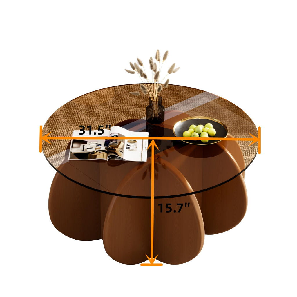 31.5'' Round Coffee Table with Tempered Glass Top, Modern Center Table for Small Spaces - Sturdy Walnut Board Frame, Simple Design for Living Room, Home, Office - Easy Assembly. (Walnut + Brown)
