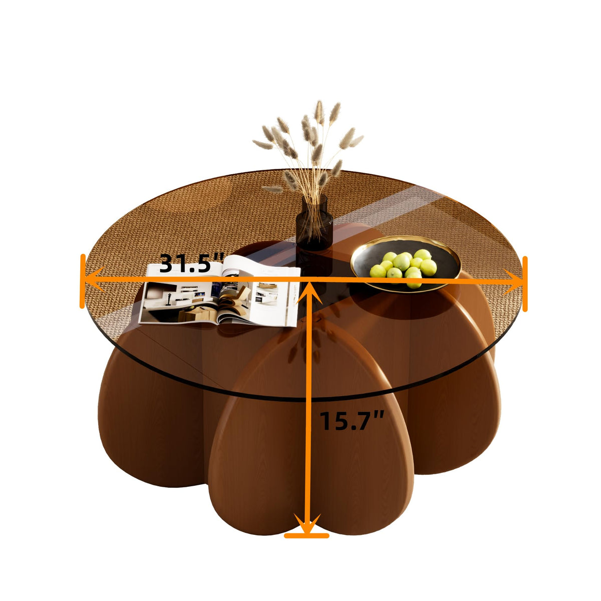 31.5'' Round Coffee Table with Tempered Glass Top, Modern Center Table for Small Spaces - Sturdy Walnut Board Frame, Simple Design for Living Room, Home, Office - Easy Assembly. (Walnut + Brown)