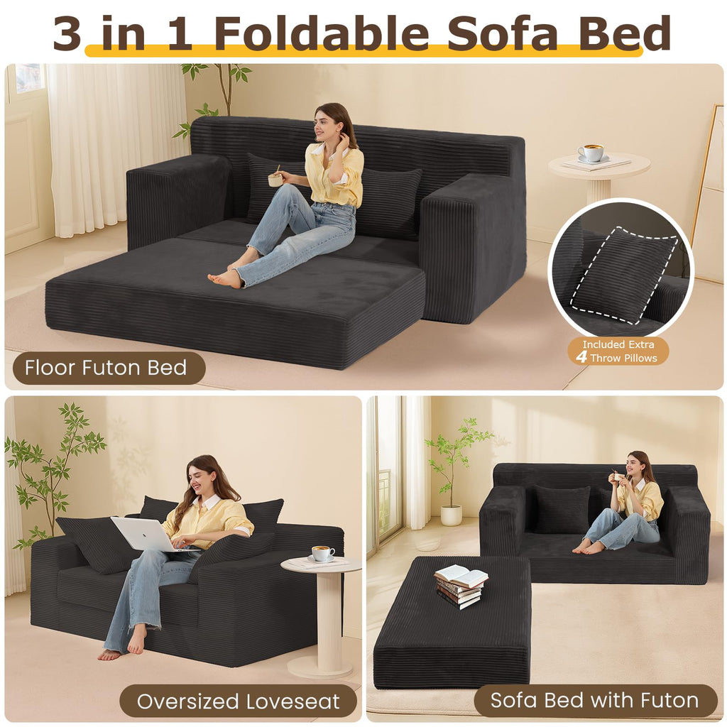 cidludto Convertible Sofa Bed, 3 in 1 Loveseat Folding Couch Bed Foldable - Chaise Lounge Chair & Floor Futon Sofa, Corduroy Pull Out Sofa Bed with 4 Pillows for Living Room, Beige