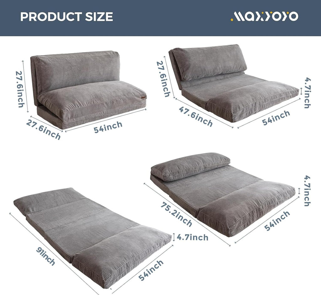 MAXYOYO Folding Sofa Bed, Extra Thick and Long Floor Sofa Convertible Chair with Washable Cover, Floor Couch Lounge Bean Bag Bed for Living Room, Dark Grey, 54x91 Inch