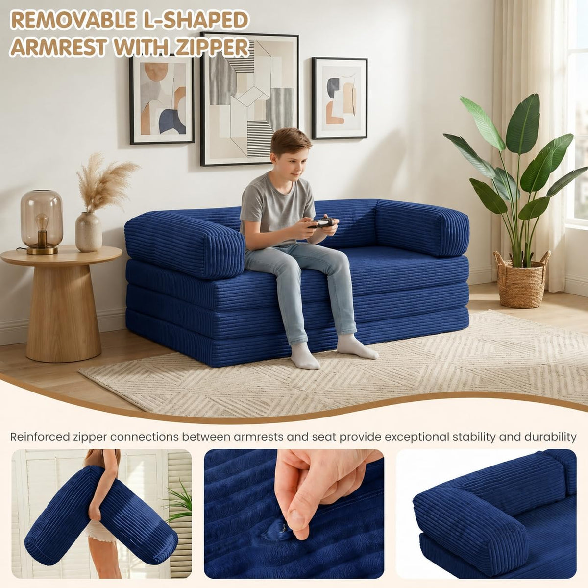 Convertible Sofa Bed Queen,5-in-1 Boneless Couch with Removable Armrests & Handle,Corduroy Futon Sleeper Sofa,Floor Folding Mattress Pull Out Bed for Small Space Apartment Living Room Bedroom,Green