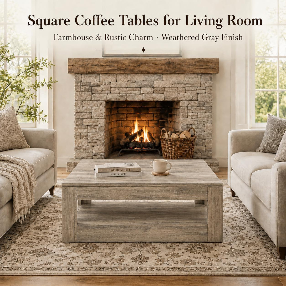 31.5" Square Wood Coffee Table with Storage for Living Room, Gray