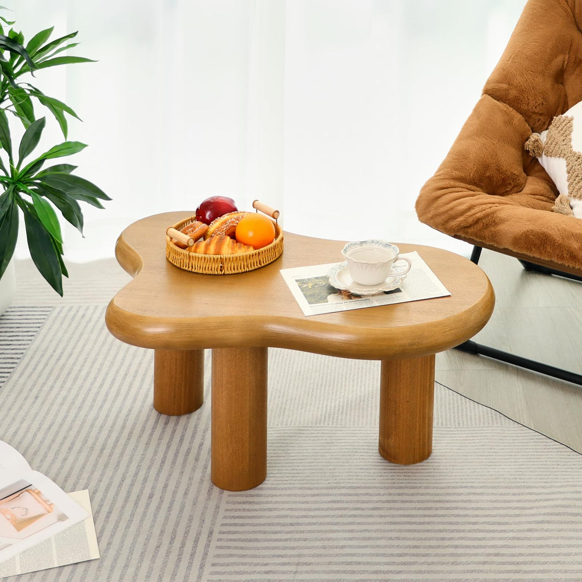 34"(L) Cloud Coffee Table, Modern Wood Coffee Table for Living Room, Accent Center Tables with 3 Legs, Small Tea Tables for Balcony, Patio, Bedroom, Cream White