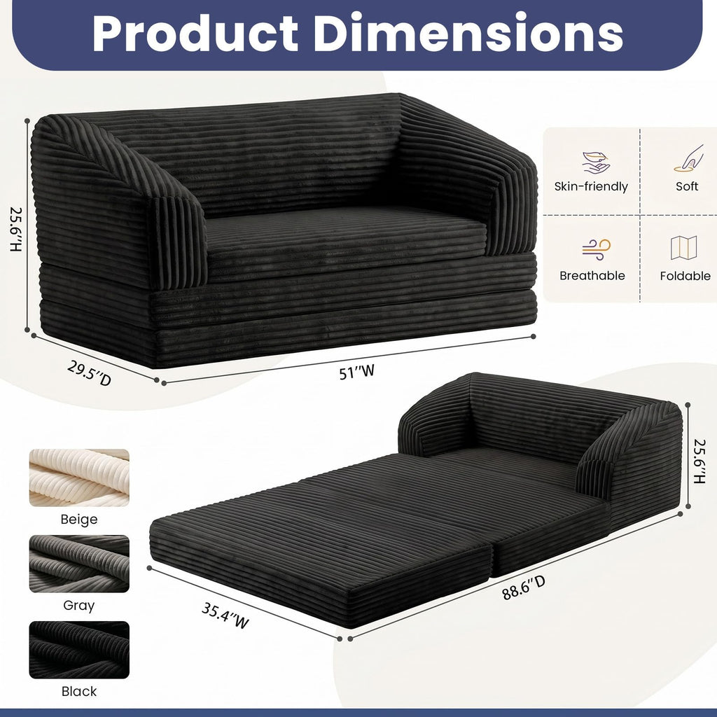 JUIKURY Convertible Sofa Bed, 3-in-1 Foldable Loveseat Couch with Armrest, Corduroy Floor Sofa & Sleeper Bed, No Assembly High-Density Foam Futon Mattress for Living Room, Small Apartment, Dorm