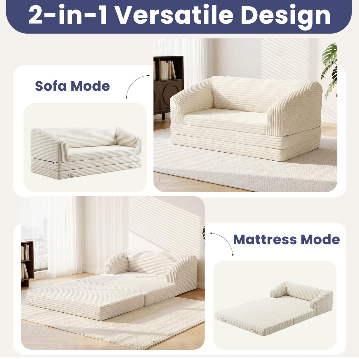 JUIKURY Convertible Sofa Bed, 3-in-1 Foldable Loveseat Couch with Armrest, Corduroy Floor Sofa & Sleeper Bed, No Assembly High-Density Foam Futon Mattress for Living Room, Small Apartment, Dorm