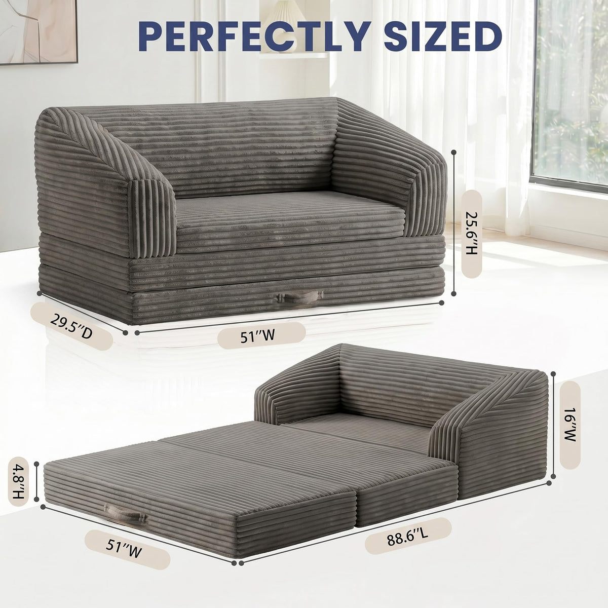 Convertible Folding Sofa Bed, 2-in-1 Single Boneless Sofa with Soft Corduroy & Ultra-Thick Backrest, Foldable Boneless Chair Lounger Sleeper Sofa for Small Apartment, Living Room, Home Office