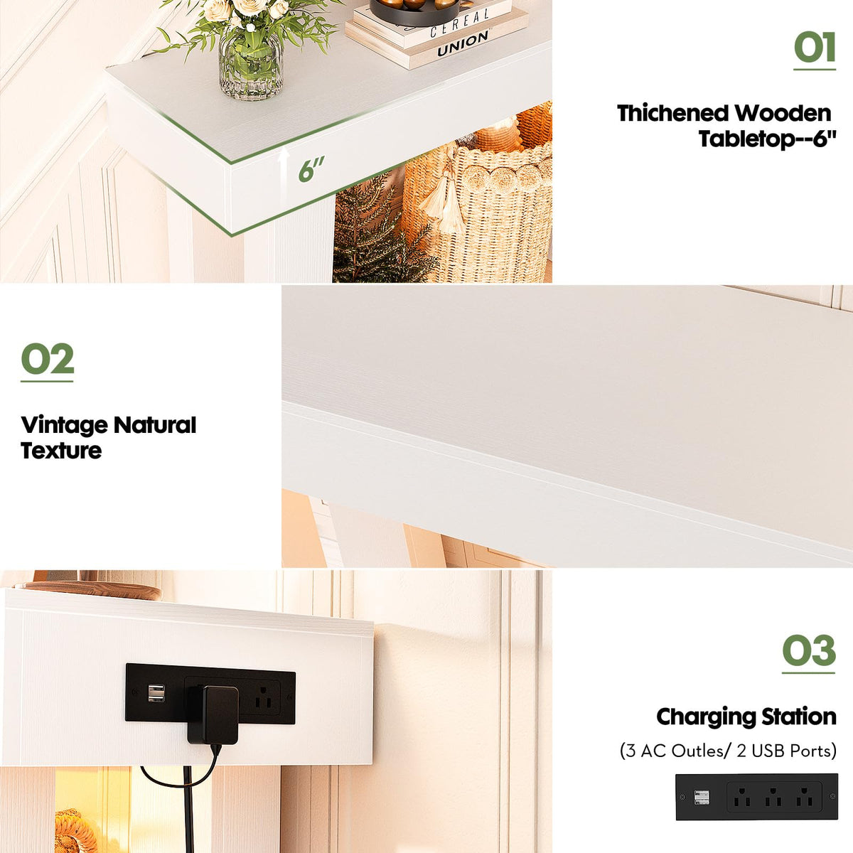 Unikito 63" Console Table with Sensor Light & AC Outlets with USB-C Ports