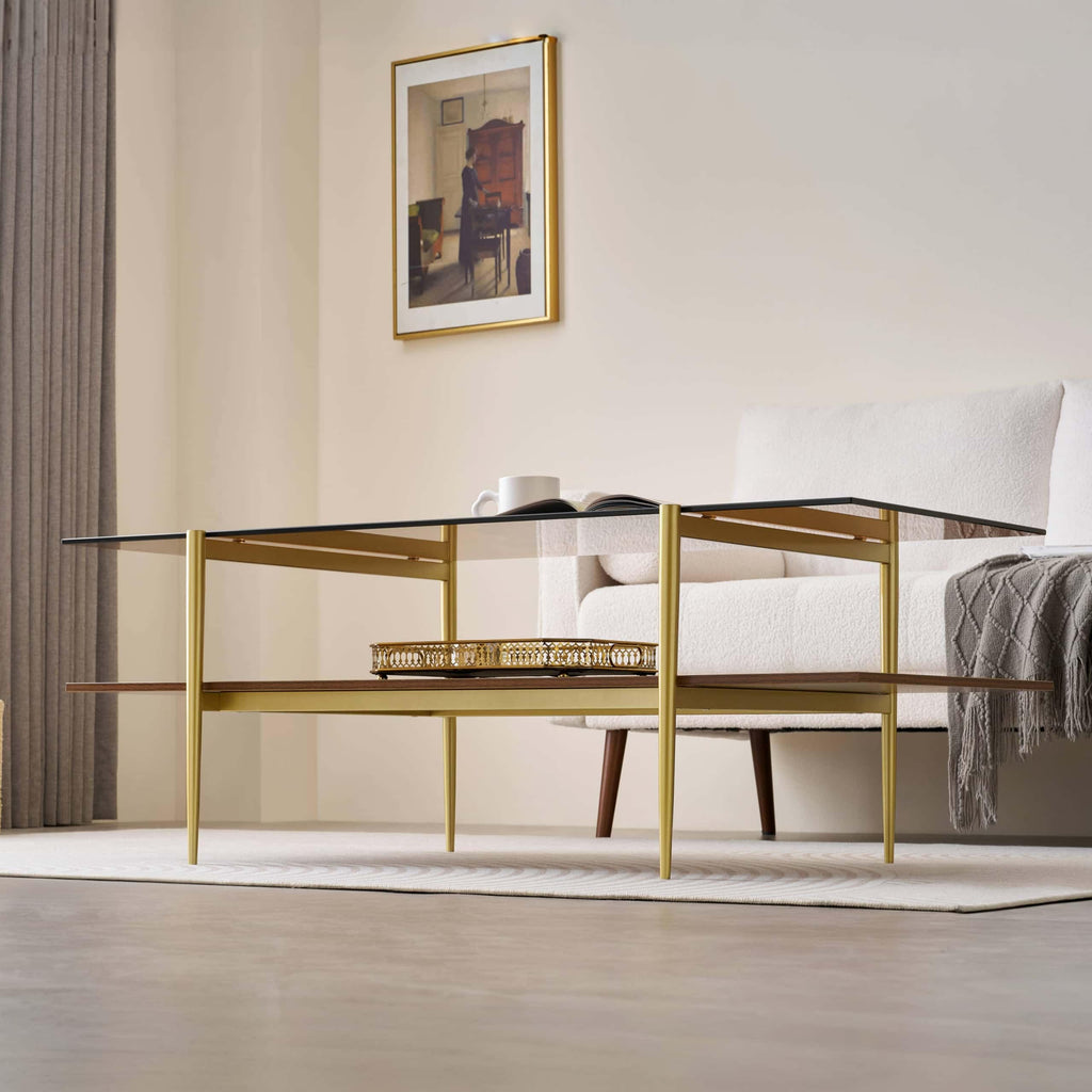 LumFurn Round Coffee Table for Living Room, Mid-Century Modern Design, D30 x H17, 2-Tier Structure, Grey Glass Top and Black Marble Finish Wood Shelf, Sleek Conical Metal Legs with Gold Finish Frame