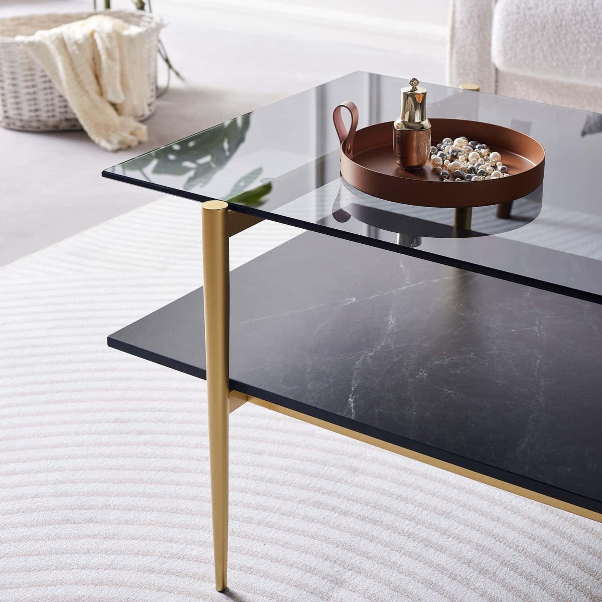 LumFurn Round Coffee Table for Living Room, Mid-Century Modern Design, D30 x H17, 2-Tier Structure, Grey Glass Top and Black Marble Finish Wood Shelf, Sleek Conical Metal Legs with Gold Finish Frame