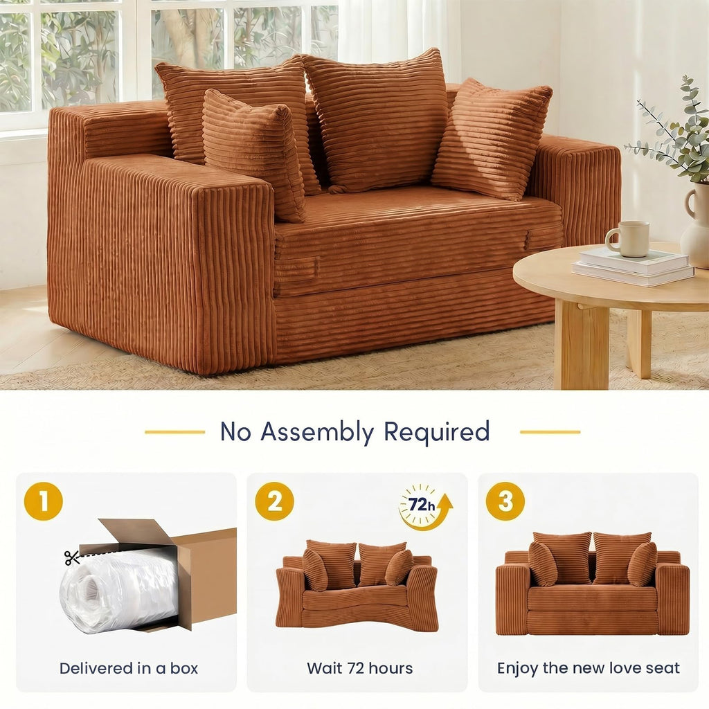 cidludto Convertible Sofa Bed, 3 in 1 Loveseat Folding Couch Bed Foldable - Chaise Lounge Chair & Floor Futon Sofa, Corduroy Pull Out Sofa Bed with 4 Pillows for Living Room, Beige