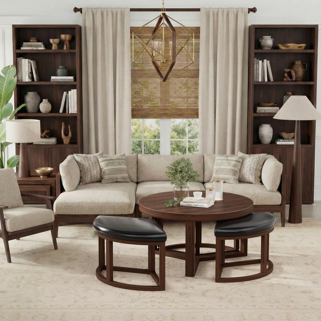Round Coffee Table with Stools Underneath - 30 Inch Small Modern Tables Set with 3 Chairs Ottomans Seating Seats Black Wood