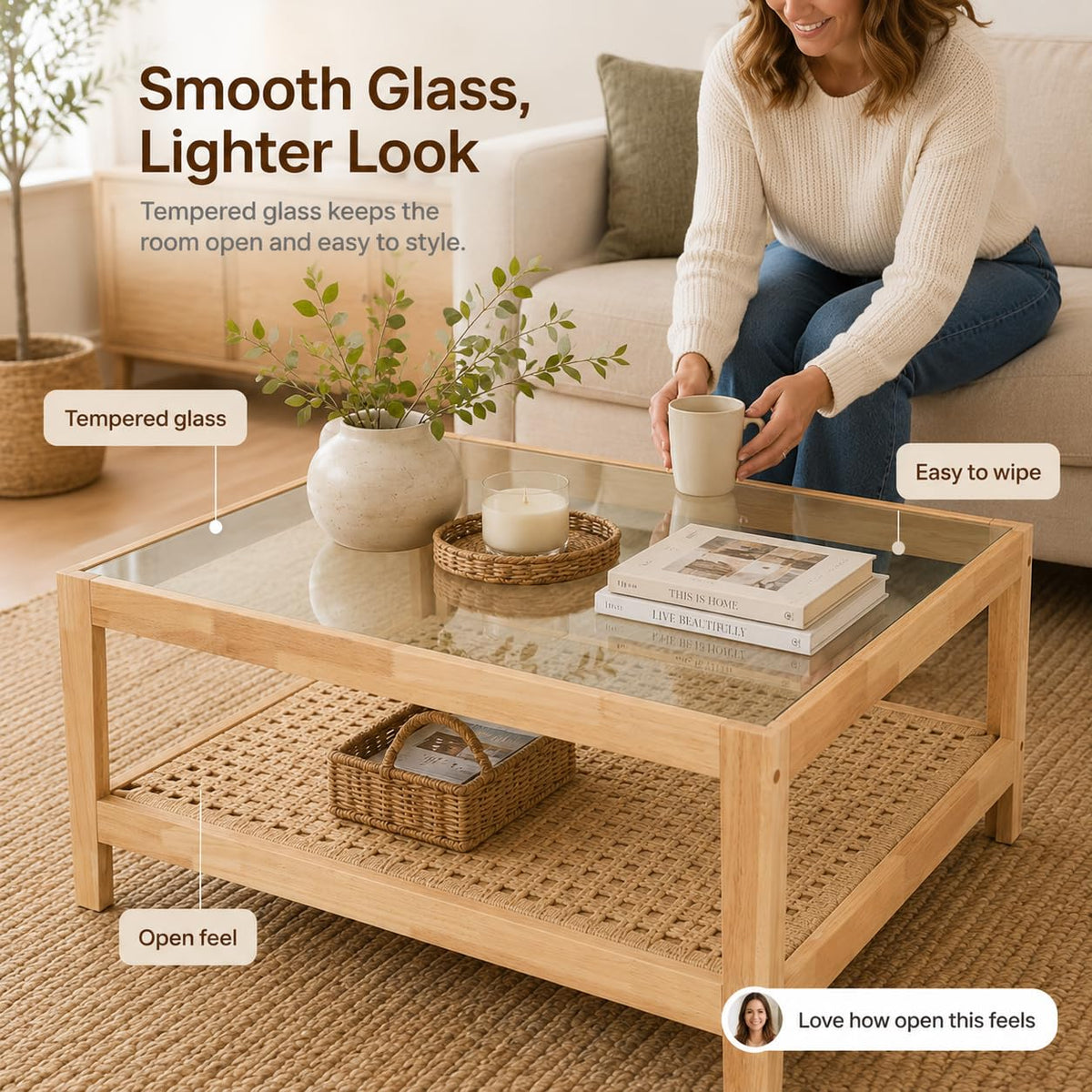 Honyee Modern Round Coffee Table, 30.7" x 30.7" x 16.1" Tempered Glass Top for Living Room, Color: Walnut