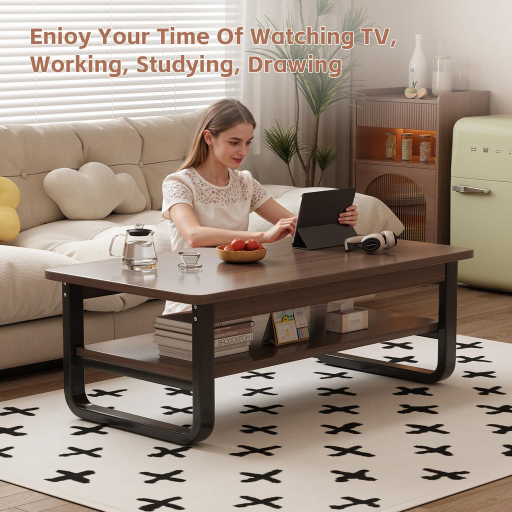Coffee Table for Living Room with 2-Tier Storage Shelf, 39 inch Rectangular Wooden Center Table, Large Industrial Coffee Tables with Metal Leg & Rounded Corners for Home Office(Black)