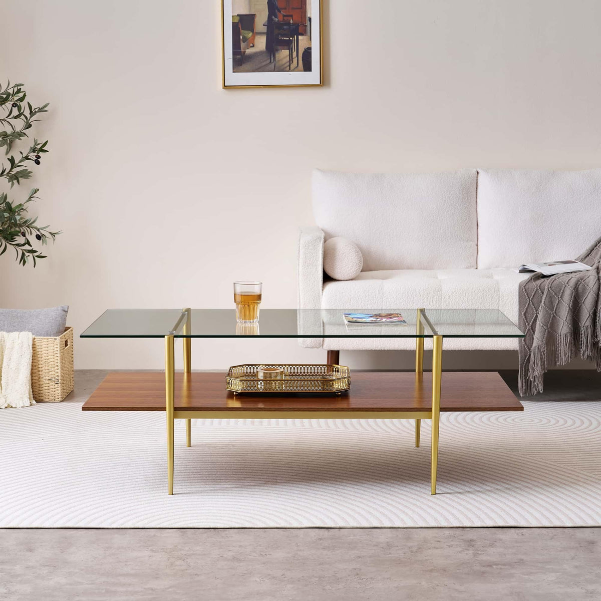 LumFurn Round Coffee Table for Living Room, Mid-Century Modern Design, D30 x H17, 2-Tier Structure, Grey Glass Top and Black Marble Finish Wood Shelf, Sleek Conical Metal Legs with Gold Finish Frame