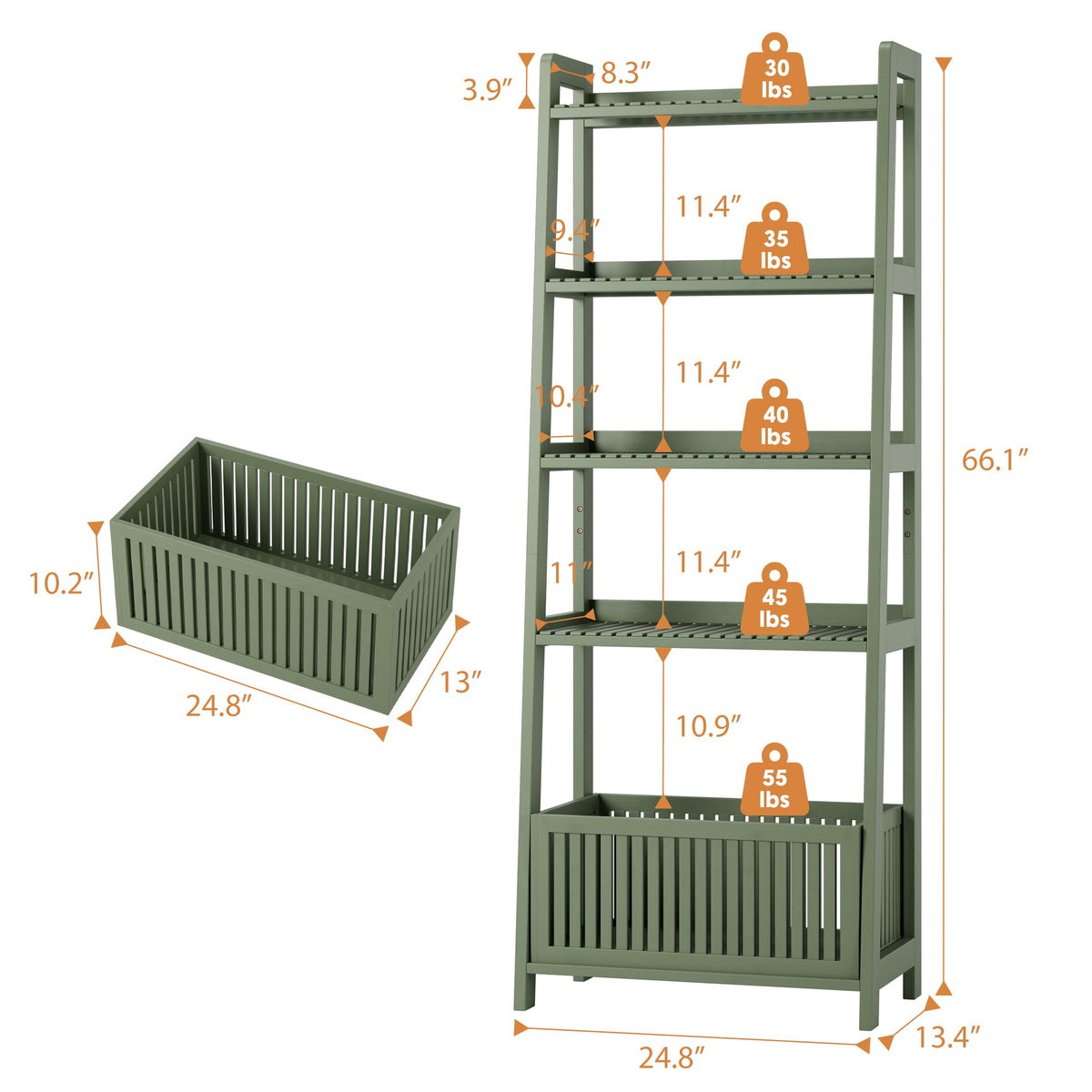 Bamjoy Bamboo Ladder Shelf, Bookshelf with 4 Display Shelves and 1 Open Storage Basket, Multifunctional Storage Rack Organizer for Home Office, Bedroom, Living Room, 66â H Natural