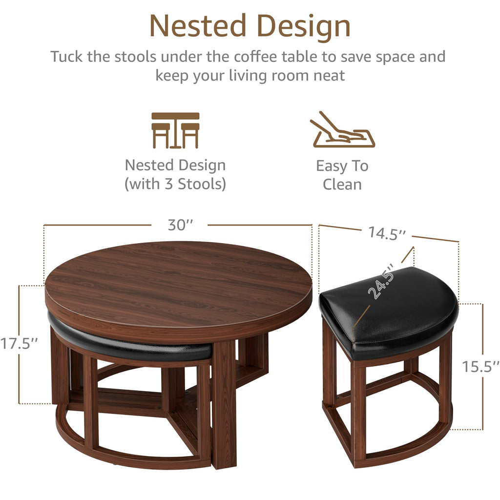 Round Coffee Table with Stools Underneath - 30 Inch Small Modern Tables Set with 3 Chairs Ottomans Seating Seats Black Wood
