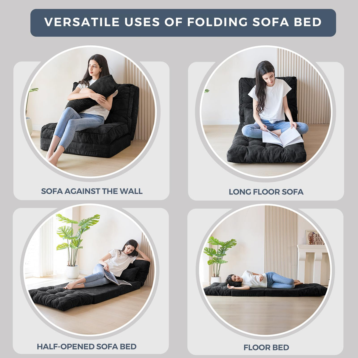 MAXYOYO Folding Sofa Bed, Extra Thick and Long Floor Sofa Convertible Chair with Washable Cover, Floor Couch Lounge Bean Bag Bed for Living Room, Dark Grey, 54x91 Inch
