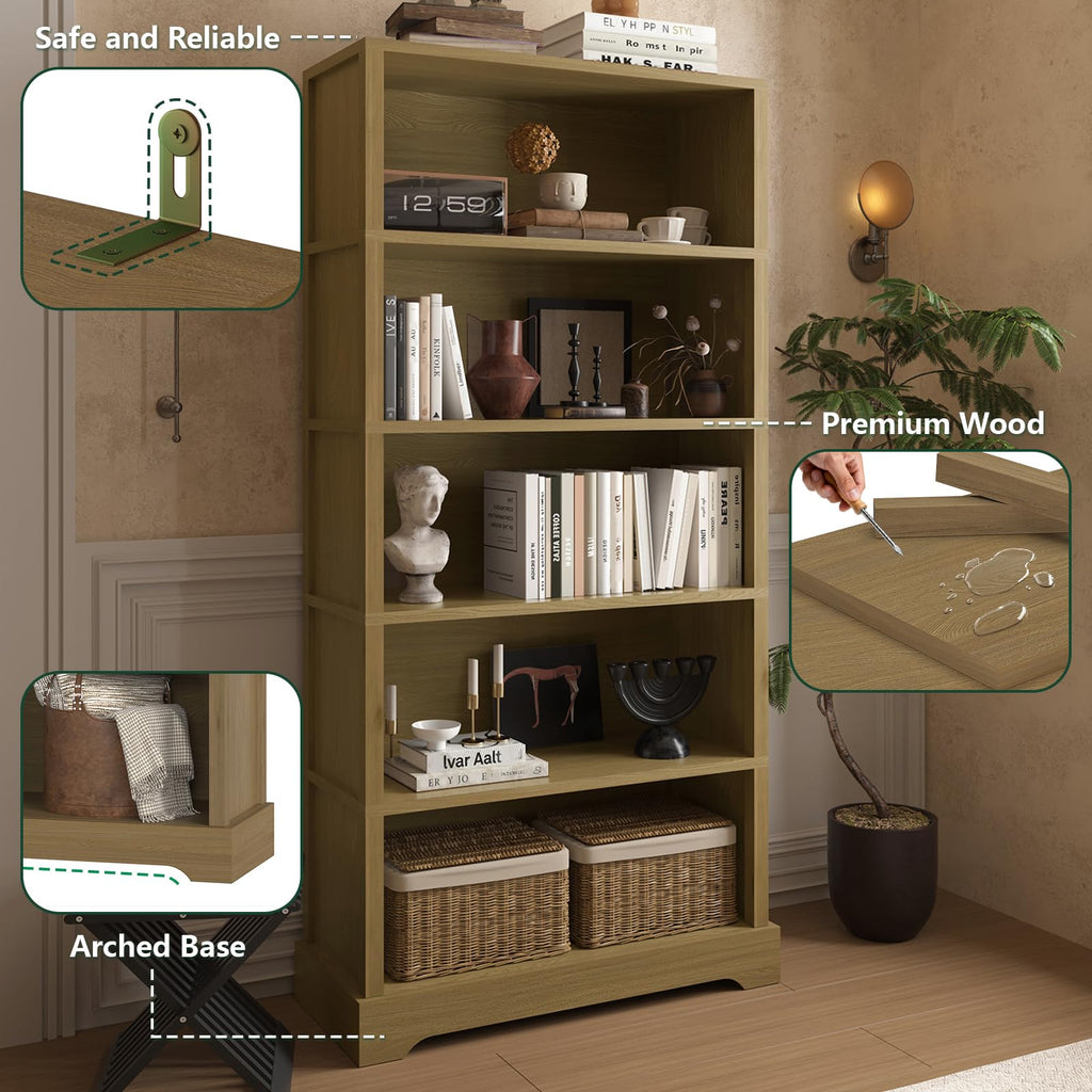 TVU 5 Tiers Wooden Bookshelf, 65.2" Tall Farmhouse Style Open Bookcase, 31.5" Wide Standing Book Shelf with Storage for Study Room, Living Room, Walnut Brown