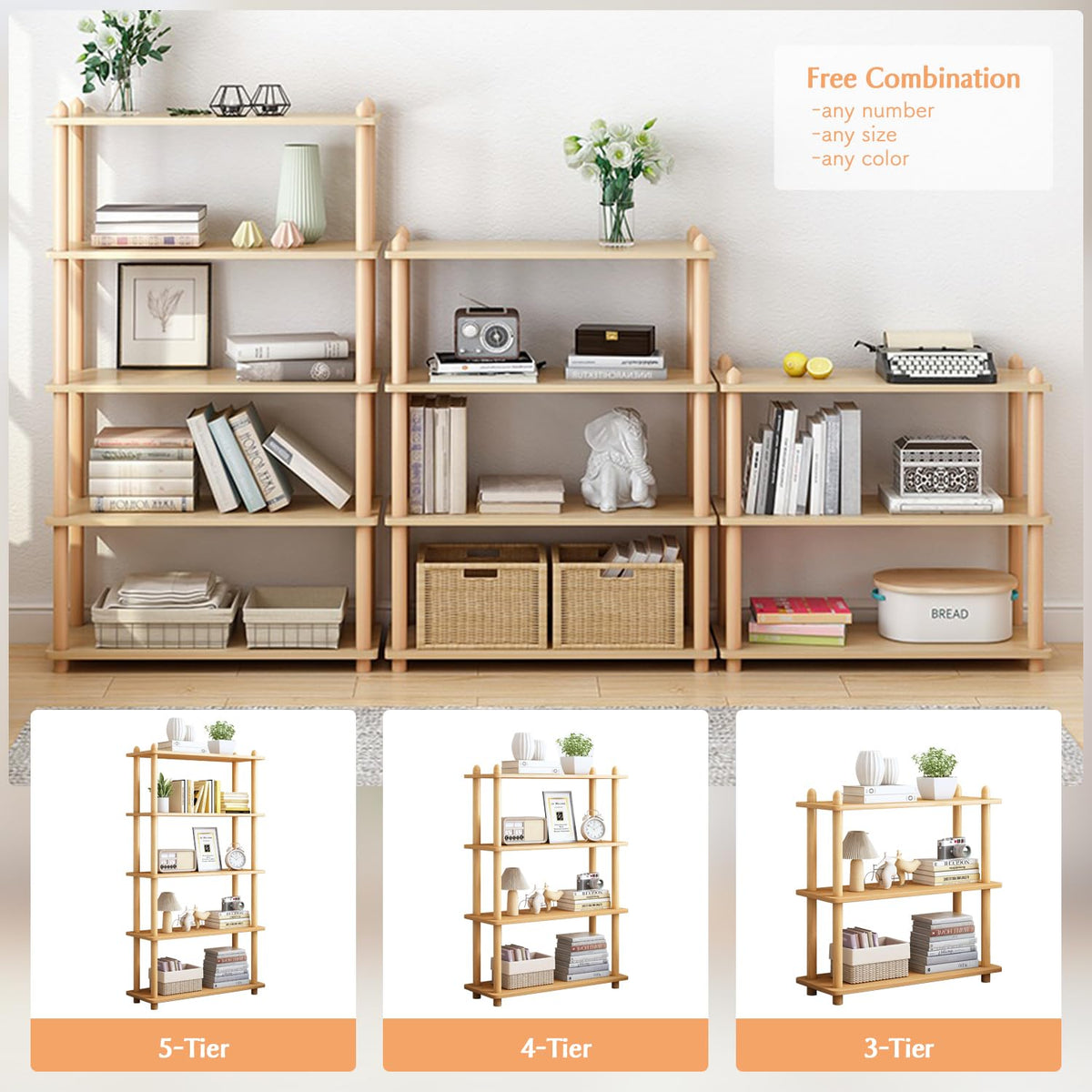 IOTXY 5-Tier Wooden Shelf Bookcase, Freestanding Open Bookshelf, Oak