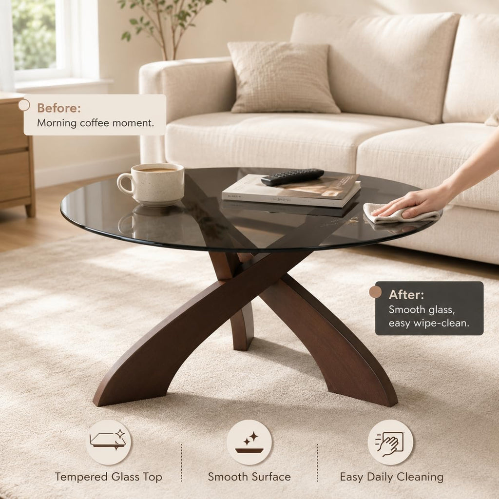 Honyee Glass Coffee Table, 30.7â Round Coffee Table with Tempered Glass Top, Walnut Wood X-Shaped Base, Stable Modern Center Table for Living Room, Apartment and Small Spaces
